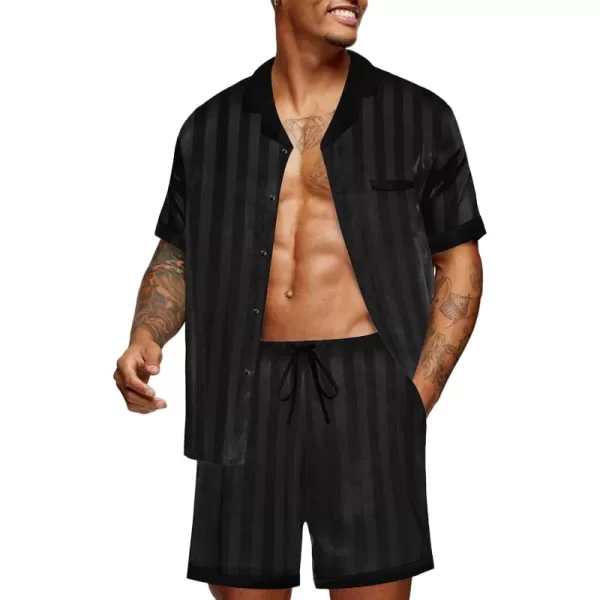 imageEkouaer Men Satin Silk Pajamas Set with Pockets Sleepwear Shorts Satin Summer Loungewear 2 Piece Button Down Set SXXLStripe Black