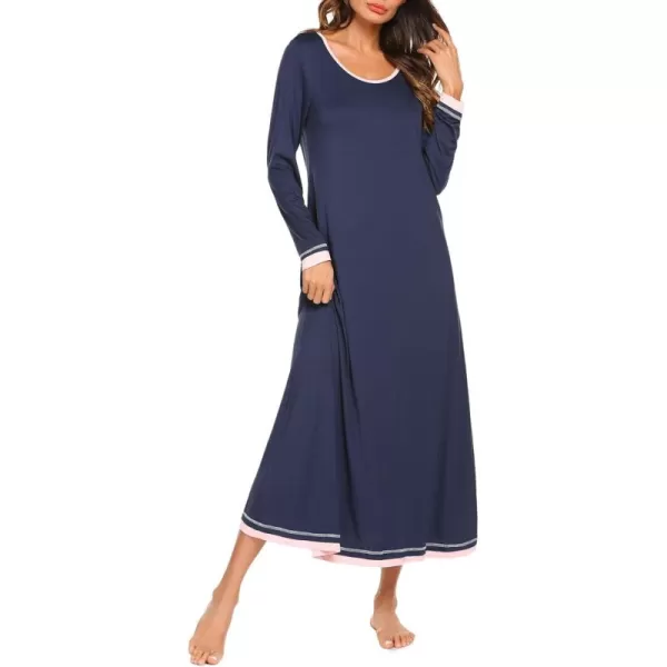 imageEkouaer Nightgown Women Long Sleeve Sleepwear Full Length Long Nightshirt Soft Loungewear S4XLNavy