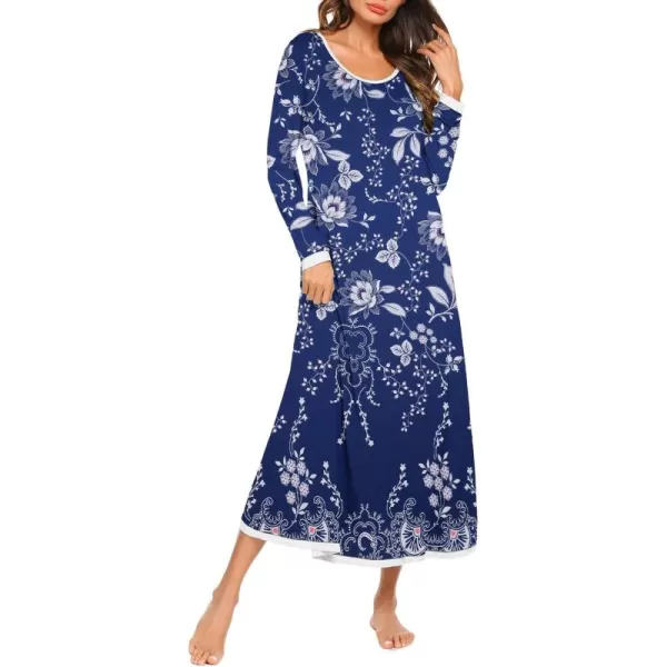 imageEkouaer Nightgown Women Long Sleeve Sleepwear Full Length Long Nightshirt Soft Loungewear S4XLNavy Flower