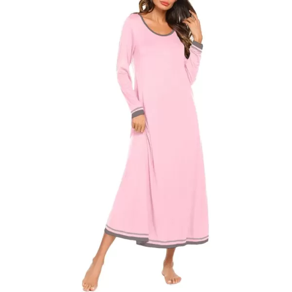 imageEkouaer Nightgown Women Long Sleeve Sleepwear Full Length Long Nightshirt Soft Loungewear S4XLPink