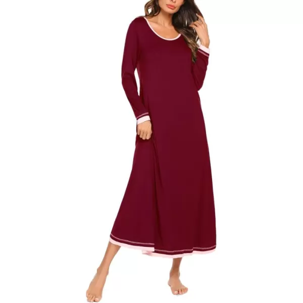 imageEkouaer Nightgown Women Long Sleeve Sleepwear Full Length Long Nightshirt Soft Loungewear S4XLWine Red