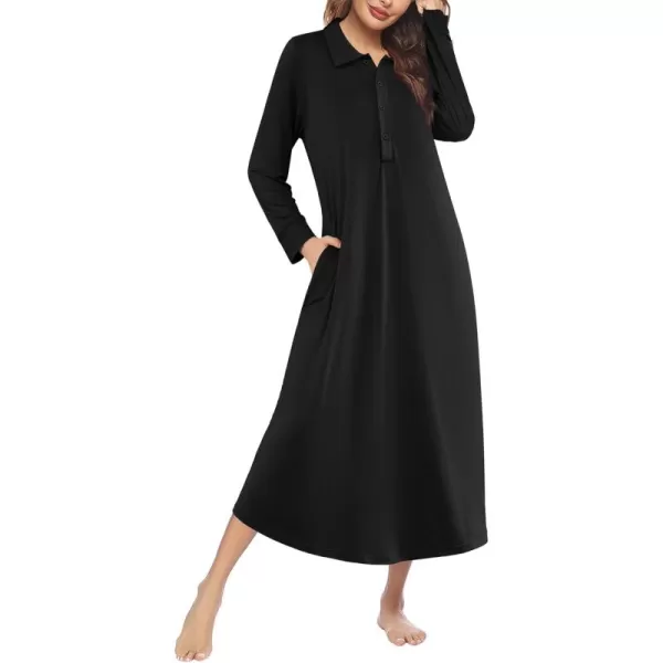 imageEkouaer Nightgowns for Women Long Sleeve Sleepshirt Button Nightshirt Plaid Full Length Sleepwear with Pockets SXXXLBlack