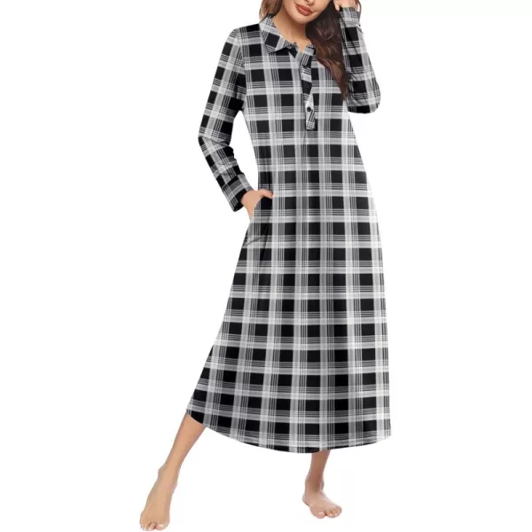 imageEkouaer Nightgowns for Women Long Sleeve Sleepshirt Button Nightshirt Plaid Full Length Sleepwear with Pockets SXXXLBlack Plaid