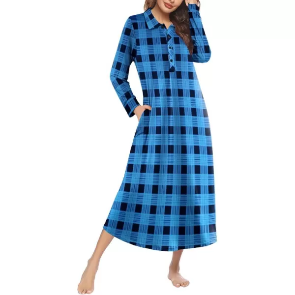 imageEkouaer Nightgowns for Women Long Sleeve Sleepshirt Button Nightshirt Plaid Full Length Sleepwear with Pockets SXXXLBlue Black Plaid