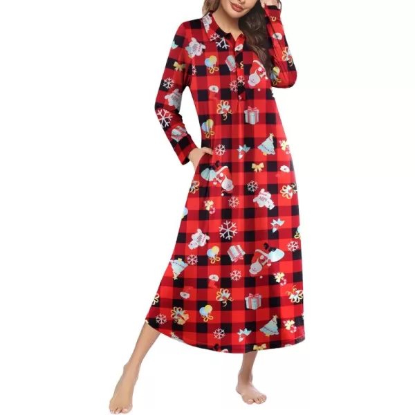 imageEkouaer Nightgowns for Women Long Sleeve Sleepshirt Button Nightshirt Plaid Full Length Sleepwear with Pockets SXXXLChristmas Plaid