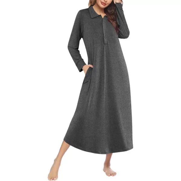 imageEkouaer Nightgowns for Women Long Sleeve Sleepshirt Button Nightshirt Plaid Full Length Sleepwear with Pockets SXXXLDark Grey