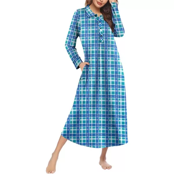 imageEkouaer Nightgowns for Women Long Sleeve Sleepshirt Button Nightshirt Plaid Full Length Sleepwear with Pockets SXXXLLight Blue Plaid