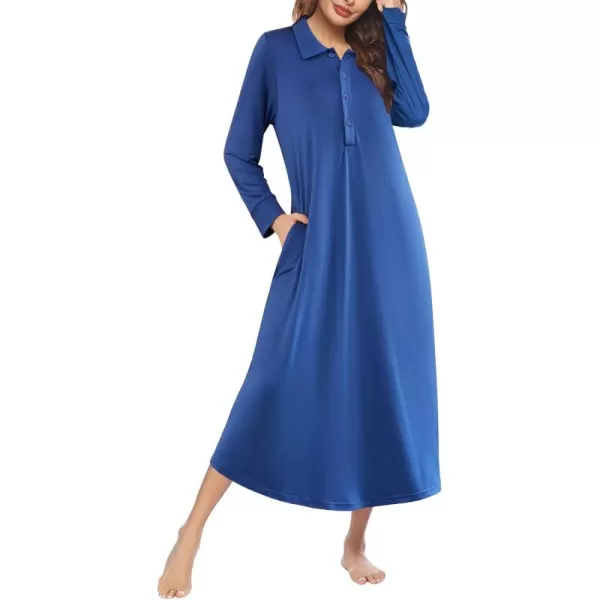 imageEkouaer Nightgowns for Women Long Sleeve Sleepshirt Button Nightshirt Plaid Full Length Sleepwear with Pockets SXXXLNavy Blue