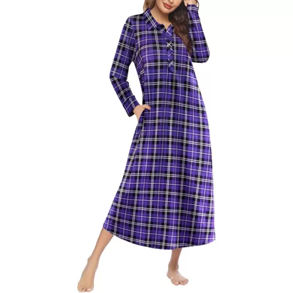 imageEkouaer Nightgowns for Women Long Sleeve Sleepshirt Button Nightshirt Plaid Full Length Sleepwear with Pockets SXXXLPurple Plaid