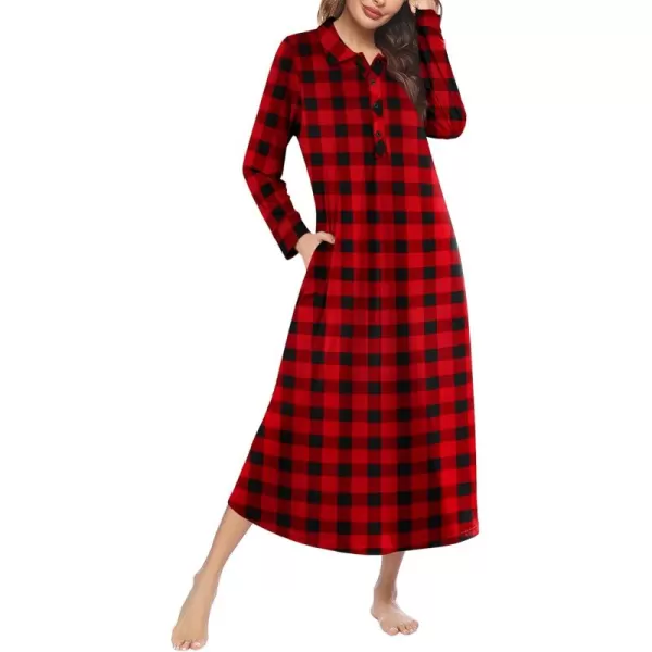 imageEkouaer Nightgowns for Women Long Sleeve Sleepshirt Button Nightshirt Plaid Full Length Sleepwear with Pockets SXXXLRed Black Plaid