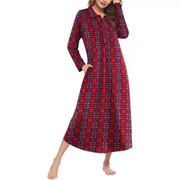 imageEkouaer Nightgowns for Women Long Sleeve Sleepshirt Button Nightshirt Plaid Full Length Sleepwear with Pockets SXXXLRed Blue Plaid