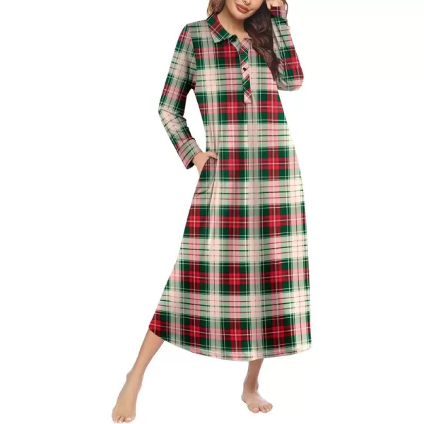 imageEkouaer Nightgowns for Women Long Sleeve Sleepshirt Button Nightshirt Plaid Full Length Sleepwear with Pockets SXXXLRed Green Plaid