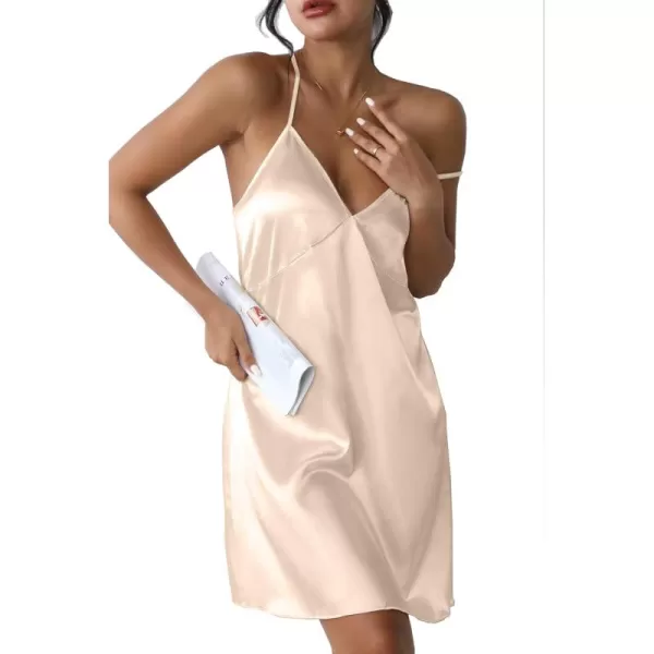 imageEkouaer Satin Nightgown Silk Full Slip Dress Woman Sleepwear Lingerie Dress Silk Mini Slip Chemise Nightgown SXXLApricot