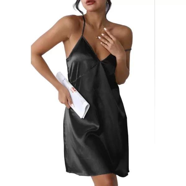 imageEkouaer Satin Nightgown Silk Full Slip Dress Woman Sleepwear Lingerie Dress Silk Mini Slip Chemise Nightgown SXXLBlack