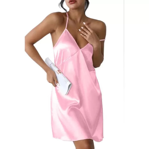 imageEkouaer Satin Nightgown Silk Full Slip Dress Woman Sleepwear Lingerie Dress Silk Mini Slip Chemise Nightgown SXXLPink