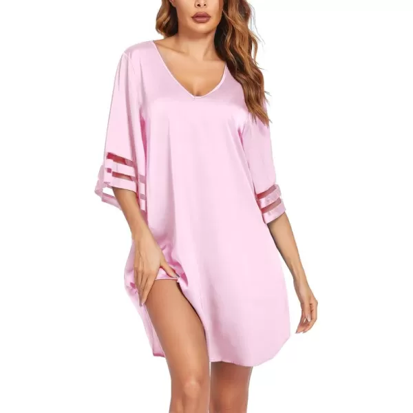 imageEkouaer Satin Nightgown for Women 34 Sleeve Silk Sleep Shirt V Neck Knee Length Sleep DressPink