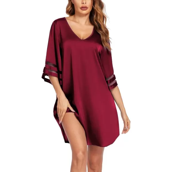 imageEkouaer Satin Nightgown for Women 34 Sleeve Silk Sleep Shirt V Neck Knee Length Sleep DressWine Red