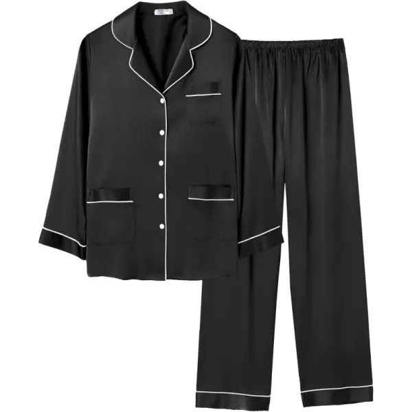 imageEkouaer Silk Pajamas for Women Classic Button Down Satin Pajama Sets Long Sleeve Lounge SetBlack