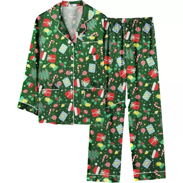 imageEkouaer Silk Pajamas for Women Classic Button Down Satin Pajama Sets Long Sleeve Lounge SetGreen Chirstmas Pattern