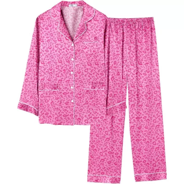 imageEkouaer Silk Pajamas for Women Classic Button Down Satin Pajama Sets Long Sleeve Lounge SetHot Pink Leopard