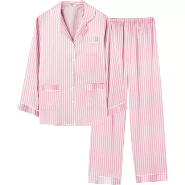 imageEkouaer Silk Pajamas for Women Classic Button Down Satin Pajama Sets Long Sleeve Lounge SetPink Striped