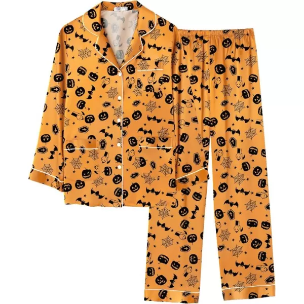 imageEkouaer Silk Pajamas for Women Classic Button Down Satin Pajama Sets Long Sleeve Lounge SetPumpkin Halloween Pattern