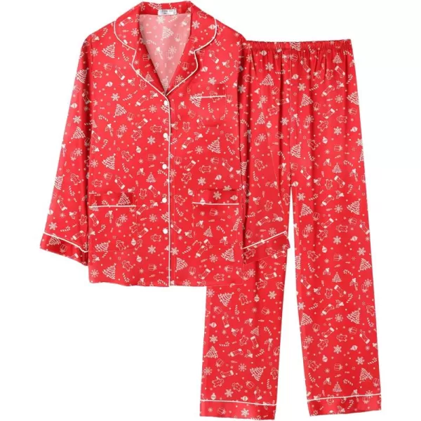 imageEkouaer Silk Pajamas for Women Classic Button Down Satin Pajama Sets Long Sleeve Lounge SetRed Chirstmas Pattern