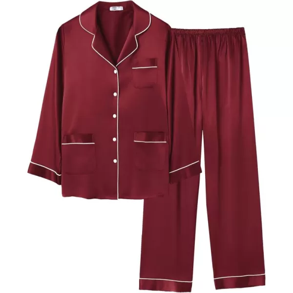 imageEkouaer Silk Pajamas for Women Classic Button Down Satin Pajama Sets Long Sleeve Lounge SetWine Red