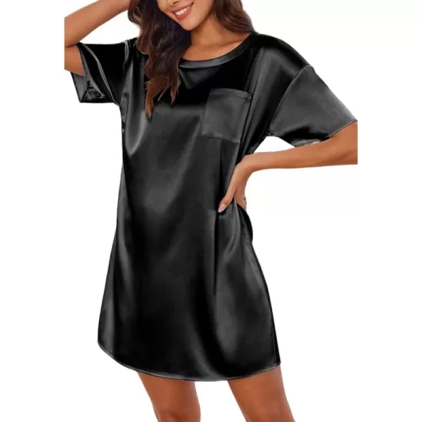 imageEkouaer Silk Sleep Shirts for Women Satin Nightshirt Tshirt Nightgown Sleepwear Shirt Dress With Chest Pocket S2XLBlack