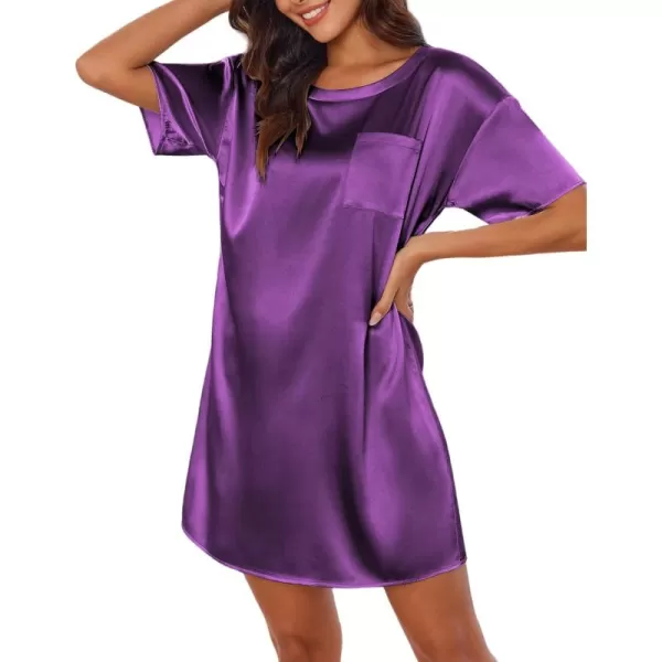 imageEkouaer Silk Sleep Shirts for Women Satin Nightshirt Tshirt Nightgown Sleepwear Shirt Dress With Chest Pocket S2XLBright Purple