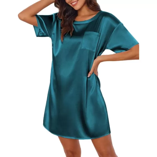 imageEkouaer Silk Sleep Shirts for Women Satin Nightshirt Tshirt Nightgown Sleepwear Shirt Dress With Chest Pocket S2XLDark Blue