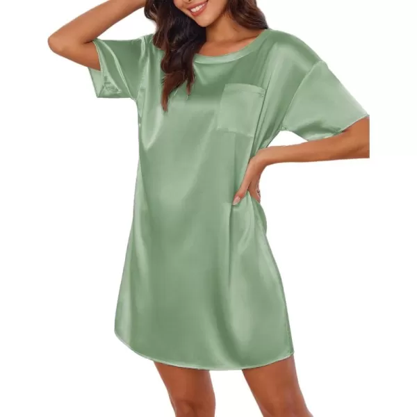 imageEkouaer Silk Sleep Shirts for Women Satin Nightshirt Tshirt Nightgown Sleepwear Shirt Dress With Chest Pocket S2XLGrey Green