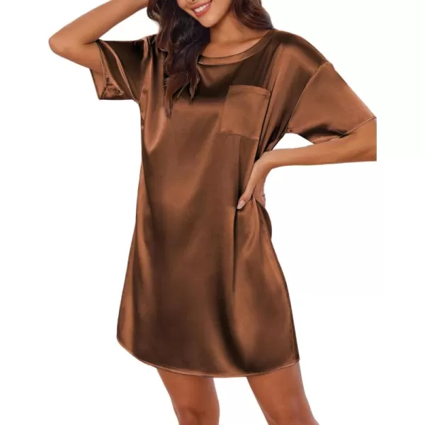 imageEkouaer Silk Sleep Shirts for Women Satin Nightshirt Tshirt Nightgown Sleepwear Shirt Dress With Chest Pocket S2XLLight Brown