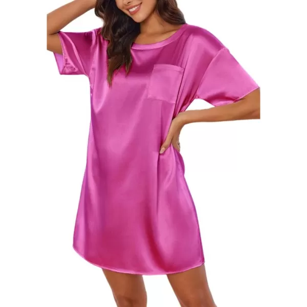 imageEkouaer Silk Sleep Shirts for Women Satin Nightshirt Tshirt Nightgown Sleepwear Shirt Dress With Chest Pocket S2XLRose Red