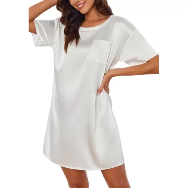 imageEkouaer Silk Sleep Shirts for Women Satin Nightshirt Tshirt Nightgown Sleepwear Shirt Dress With Chest Pocket S2XLWhite