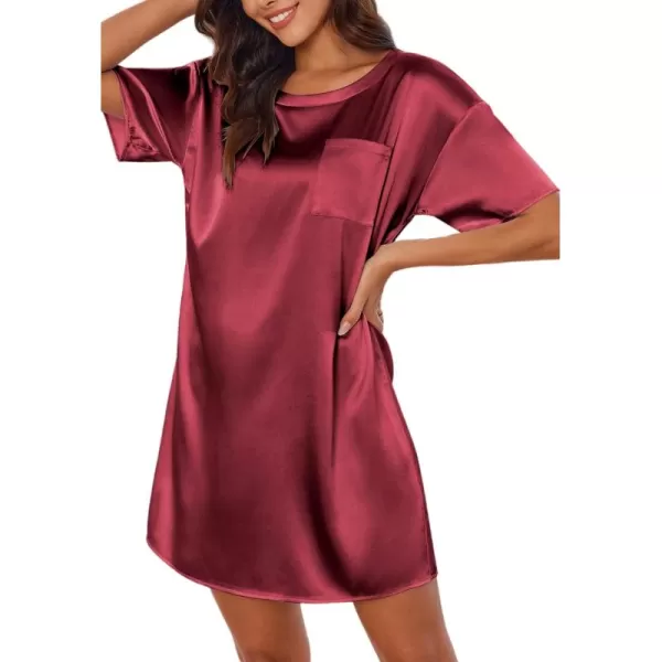 imageEkouaer Silk Sleep Shirts for Women Satin Nightshirt Tshirt Nightgown Sleepwear Shirt Dress With Chest Pocket S2XLWine Red