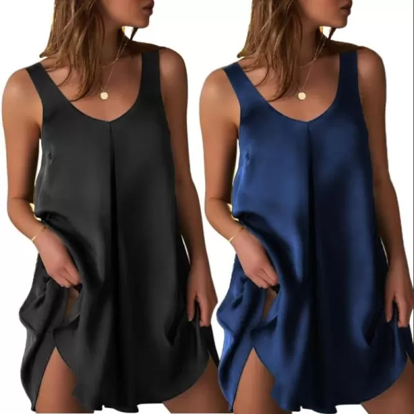 imageEkouaer Womens 2 Pack Satin Silk Nightgown Sleeveless Sleep Dress V Neck Nightshirt Soft Tank Pleated NightdressBlackNavy Blue