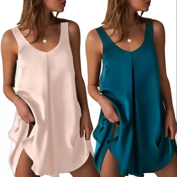 imageEkouaer Womens 2 Pack Satin Silk Nightgown Sleeveless Sleep Dress V Neck Nightshirt Soft Tank Pleated NightdressChampagneGreen