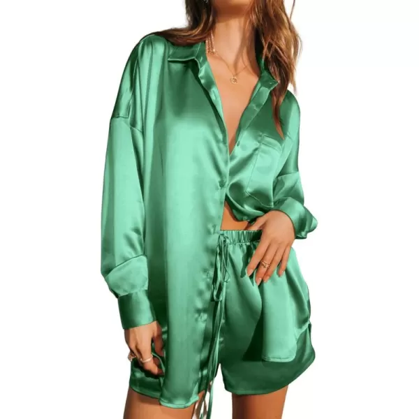 imageEkouaer Womens 2 Piece Satin Pajama Set Long Sleeve PJs Sets Button Down Lounge Sets Soft Sleepwear SetGreen