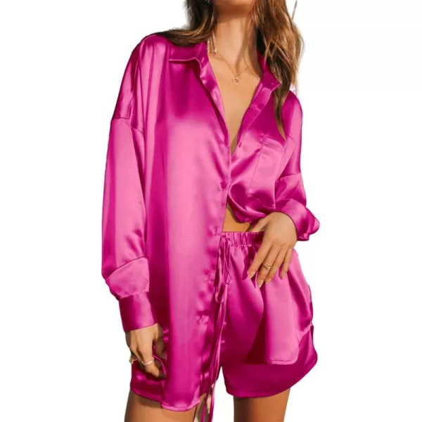 imageEkouaer Womens 2 Piece Satin Pajama Set Long Sleeve PJs Sets Button Down Lounge Sets Soft Sleepwear SetHot Pink