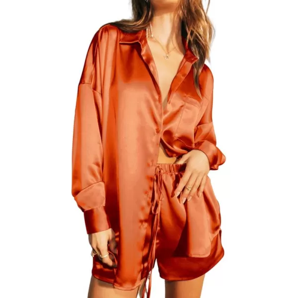 imageEkouaer Womens 2 Piece Satin Pajama Set Long Sleeve PJs Sets Button Down Lounge Sets Soft Sleepwear SetOrange