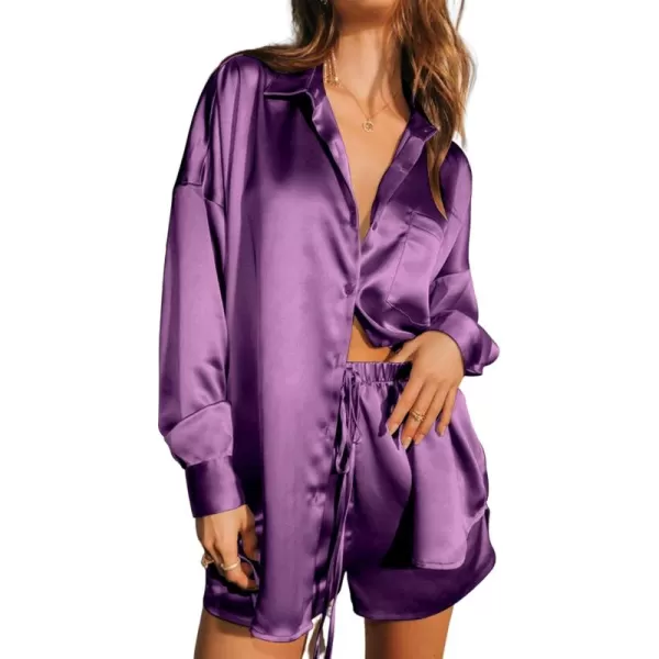 imageEkouaer Womens 2 Piece Satin Pajama Set Long Sleeve PJs Sets Button Down Lounge Sets Soft Sleepwear SetPurple