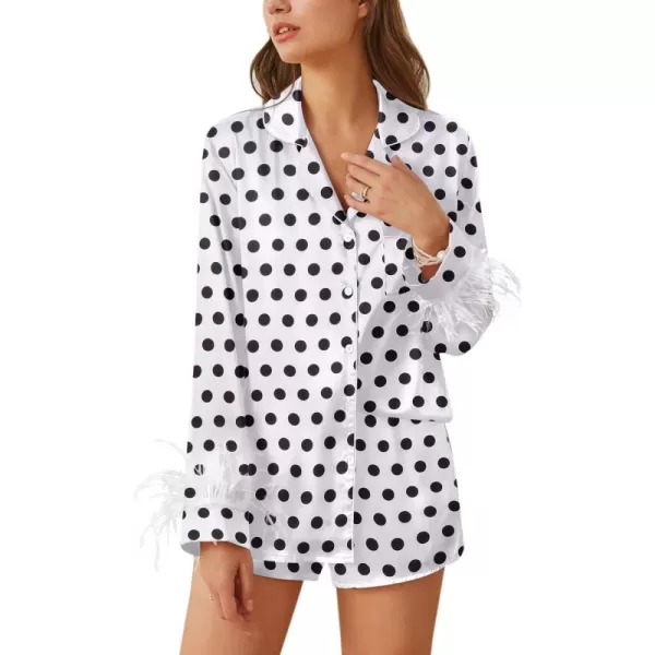 imageEkouaer Womens Bridal Feather Trim Silk Satin Pajama Set Long Sleeve Lounge Sets Sleepwear Removable FeatherWhite Black Polka Dot