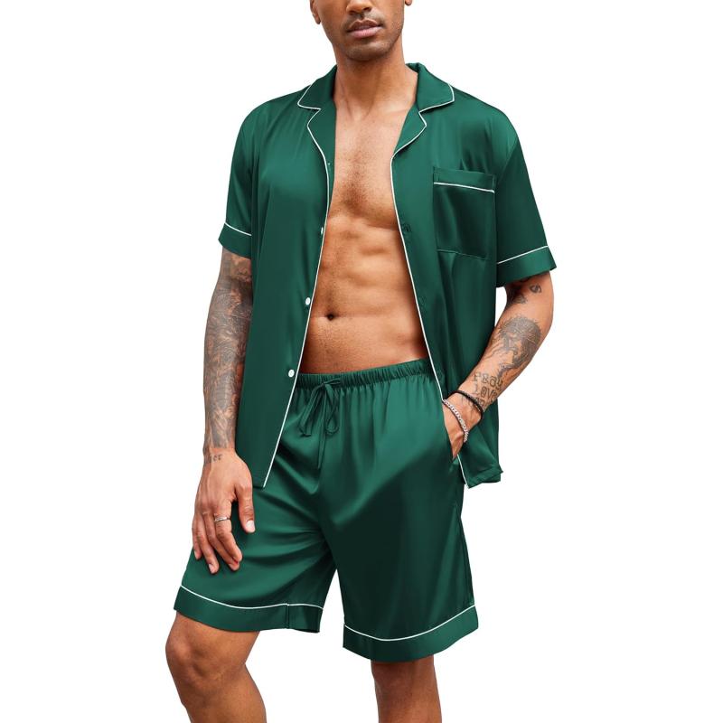 imageEkouaer Mens Satin Pajamas Set ButtonDown Short Sleeve Shirt Top Soft Silk Sleepwear Loose Pocket Pant LoungewearDark Green