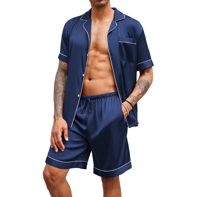 imageEkouaer Mens Satin Pajamas Set ButtonDown Short Sleeve Shirt Top Soft Silk Sleepwear Loose Pocket Pant LoungewearNavy Blue