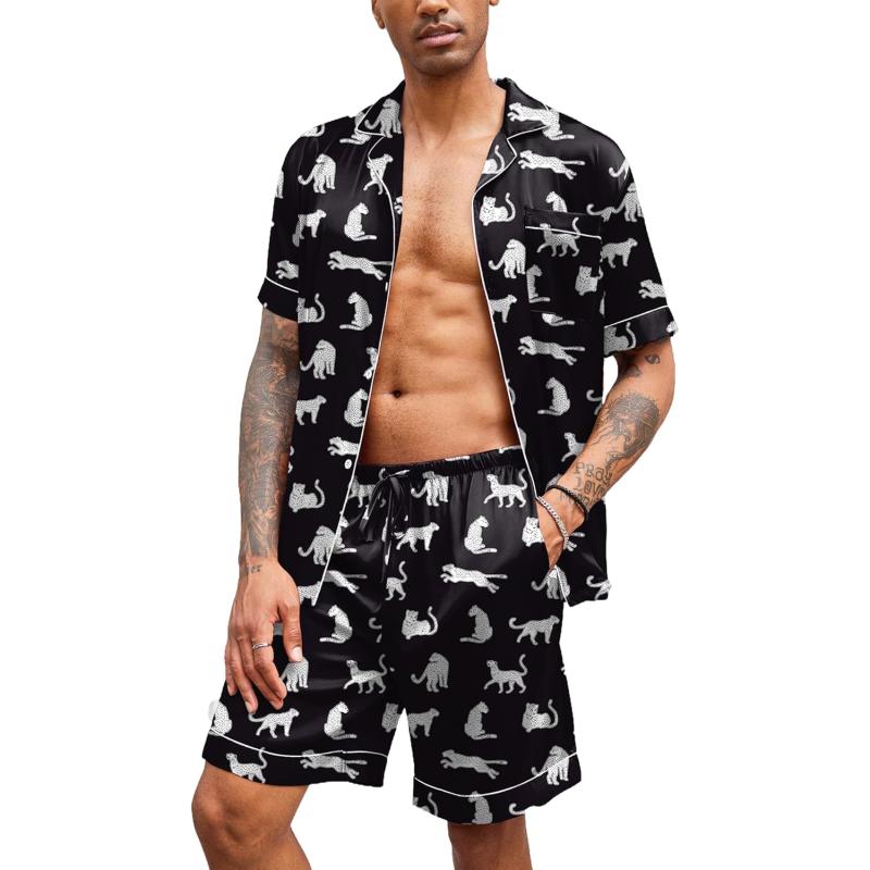 imageEkouaer Mens Satin Pajamas Set ButtonDown Short Sleeve Shirt Top Soft Silk Sleepwear Loose Pocket Pant LoungewearWhite Leopard