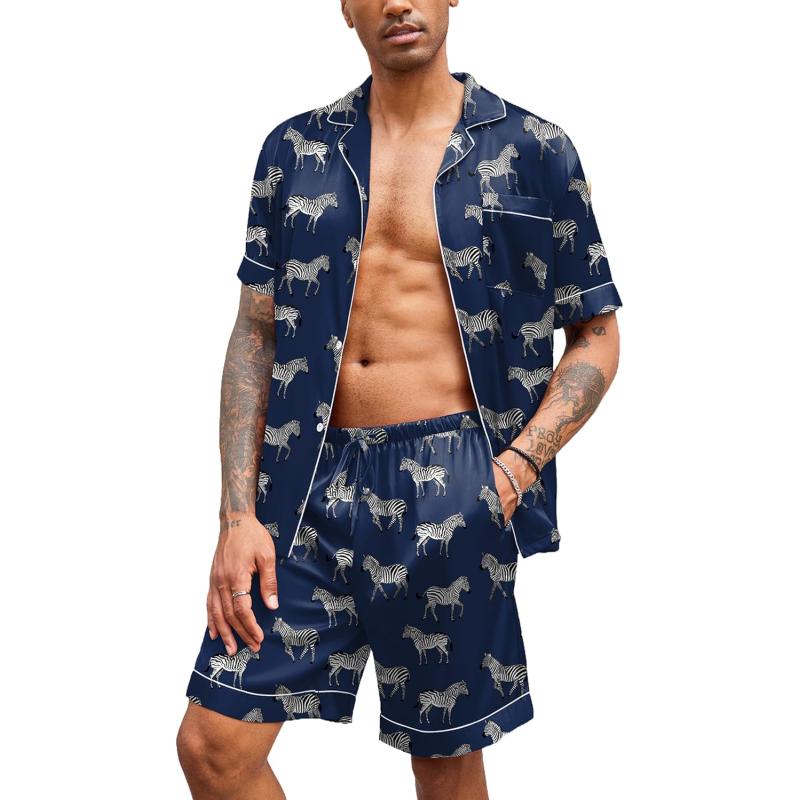 imageEkouaer Mens Satin Pajamas Set ButtonDown Short Sleeve Shirt Top Soft Silk Sleepwear Loose Pocket Pant LoungewearZebra Print