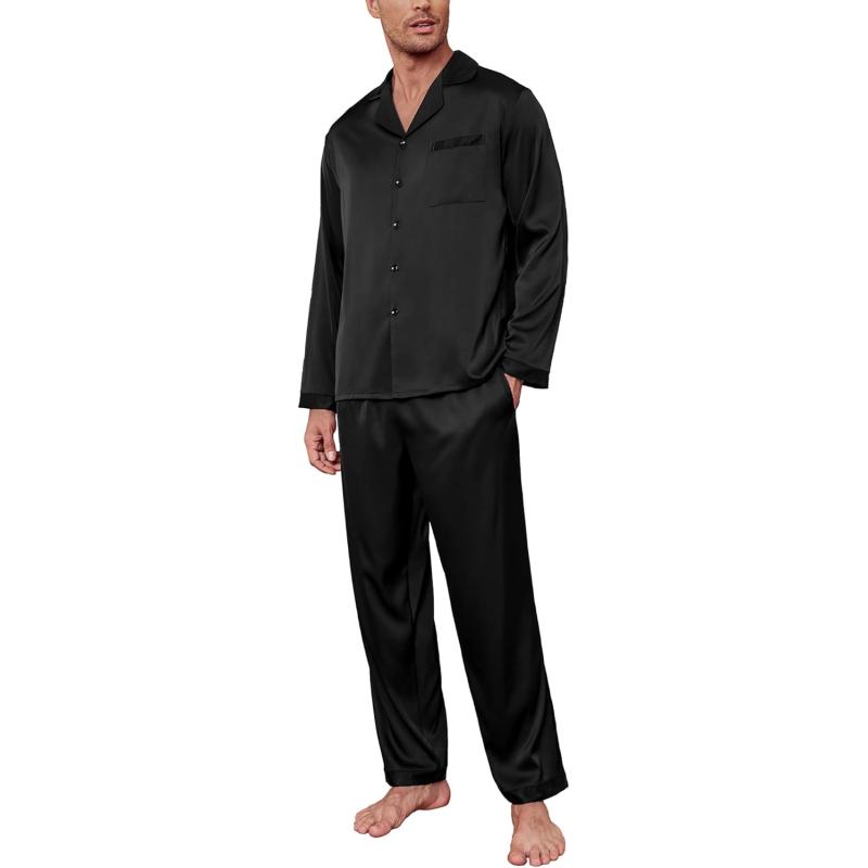 imageEkouaer Mens Silk Pajama Set Long Satin Loungewear 2 Piece Pjs Classic Button Down Sleepwear SXXLBlack