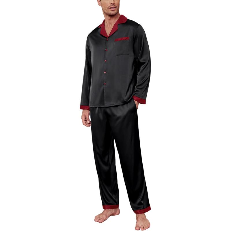 imageEkouaer Mens Silk Pajama Set Long Satin Loungewear 2 Piece Pjs Classic Button Down Sleepwear SXXLBlack Red