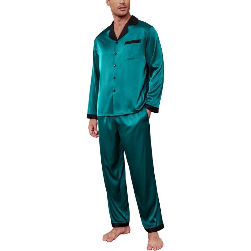 imageEkouaer Mens Silk Pajama Set Long Satin Loungewear 2 Piece Pjs Classic Button Down Sleepwear SXXLBlue Green